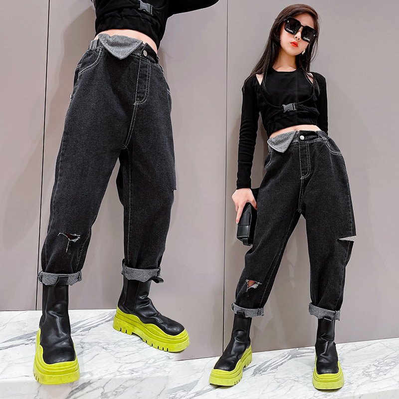 Jean déchiré en Denim noir pour filles, pantalon décontracté, troué, taille haute, pour adolescentes de 3-14 ans, automne printemps 2022