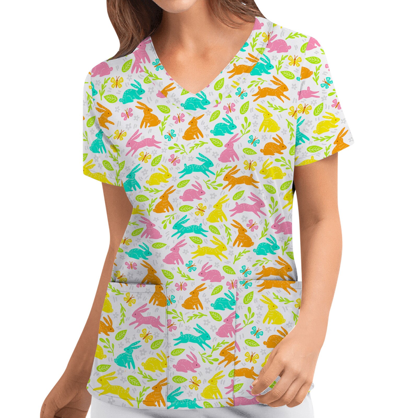 Pasen Print Vrouwen Verpleging Werk Uniform Cartoon Plus Size S-3XL Korte Mouwen V-hals Shirts Verpleegkundige Scrubs Tops Gorro Enfermera A50