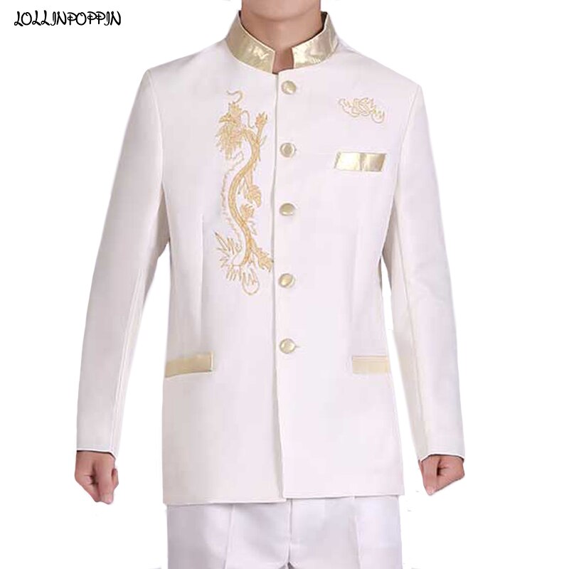 Túnica de estilo chino para hombre, chaqueta con bordado de dragón, cuello levantado dorado, traje de actuación de escenario, abrigo de un solo pecho