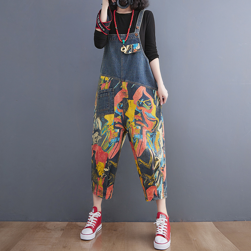 Streetwear patchwork print denim jumpsuits kvinder løse vide ben dungarees baggy bukser sparkedragter forår sommer jeans overalls: Xxl