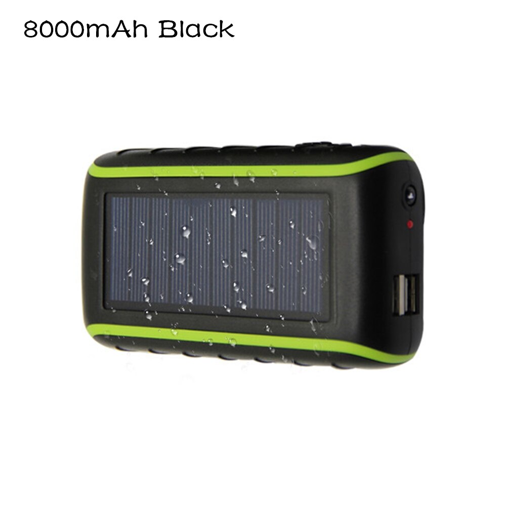Banco de energía Solar multifuncional 6000/8000mAh manivela Dinamo alimentado doble USB al aire libre Cargador Solar portátil PoverBank: 8000mAh Black