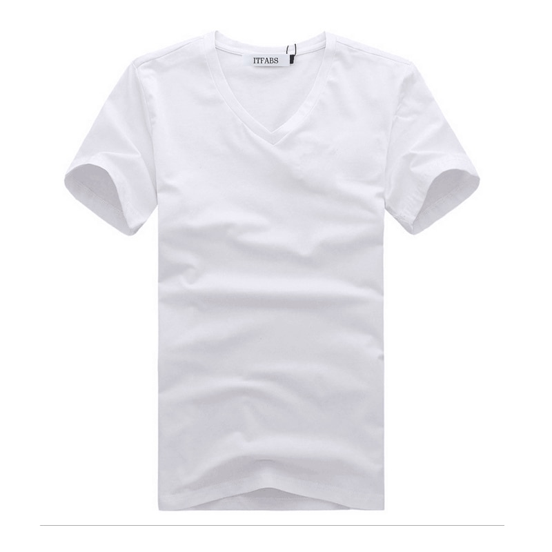 ITFABS Brand Cool Men V Neck Simple Cotton T-shirt Slim Fit Short Sleeve Solid Color Clothes Street Casual Tee