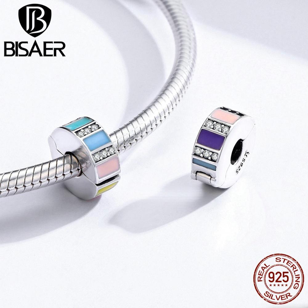 BISAER Autentico 925 Sterling Silver Fermacorda e ganci Clip di Cuore star Fascino Sereno CZ misura Branelli di Fascino Argento 925 Braccialetto Monili Che Fanno