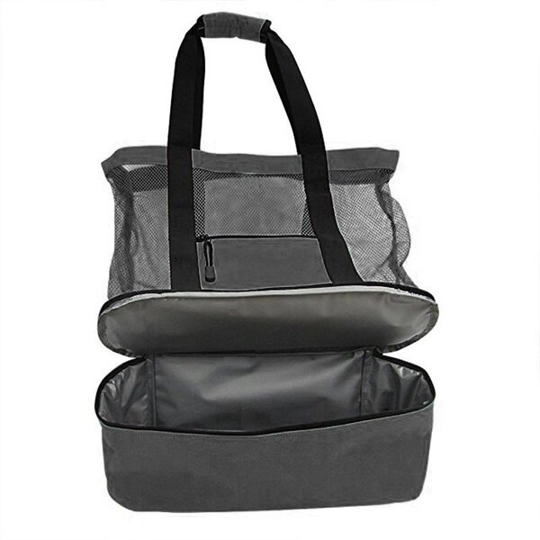 Outdoor Handheld Lunch Bag Cooler Picnic Bag Mesh Beach Tote Bag Food Drink Storage: Black