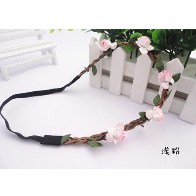 Women Girl Boho Rainbow Flower Floral Stretchy Hairband Headband Wreath Party Bride Wedding Beach Hair Accessories: Pink