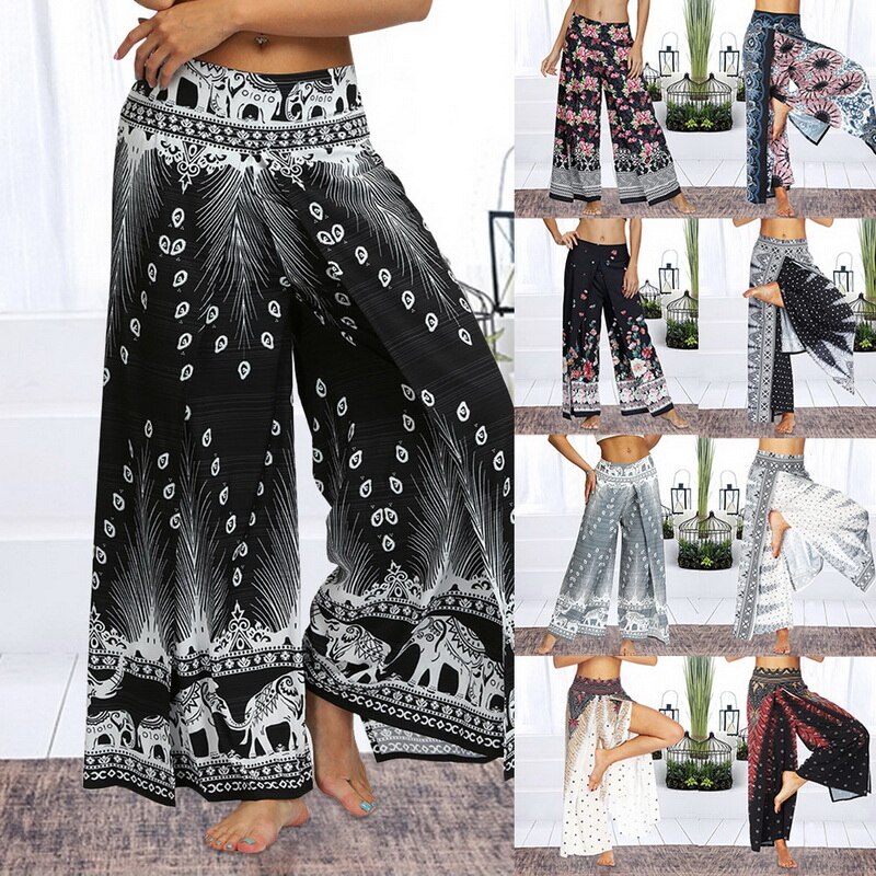 Womens Palazzo Slit Wide Leg Pants Summer Casual Beach Boho Print Pants Plus Size High Waist Gym Yoga Pants Sweatpants