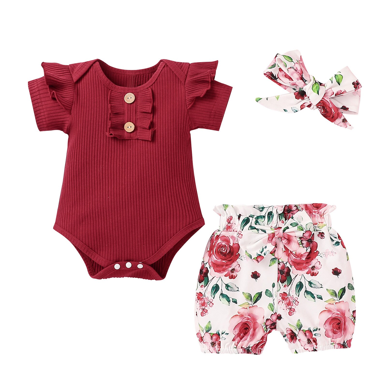 Vêtements d'été à la pour bébés filles, barboteuse à manches courtes à volants + Short imprimé floral + ornement de cheveux à nœud, 3 pièces: Rouge / 9M