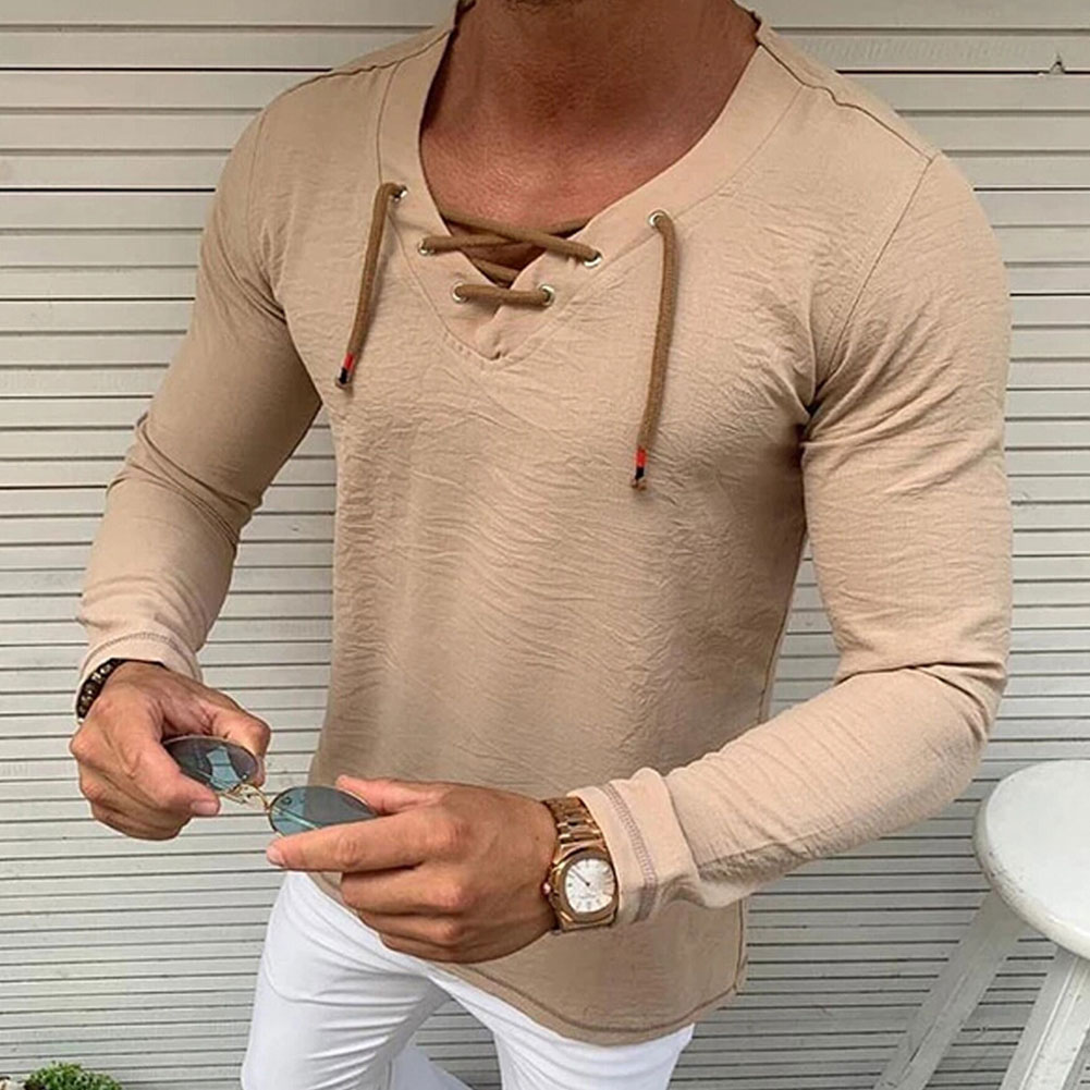 Men Long Sleeve T-shirt, Cross Strap V-neck Simple Solid Color Spring Clothing: Khaki / XXXL