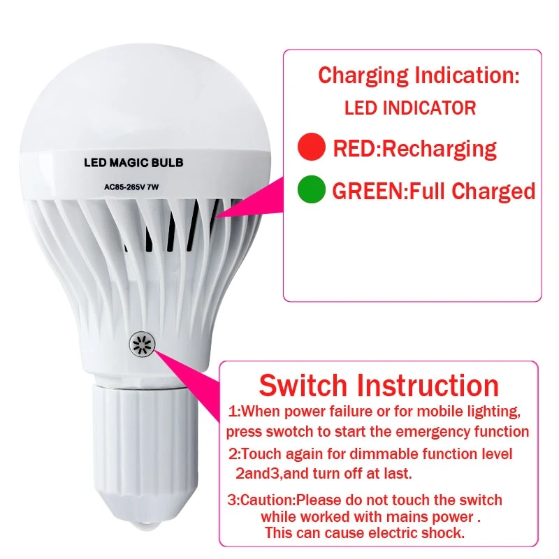 7w e27 led-pærer genopladelig nødlampe med led-pære, varm hvid/hvid til soveværelse  ac 85-265v med ir-fjernbetjening
