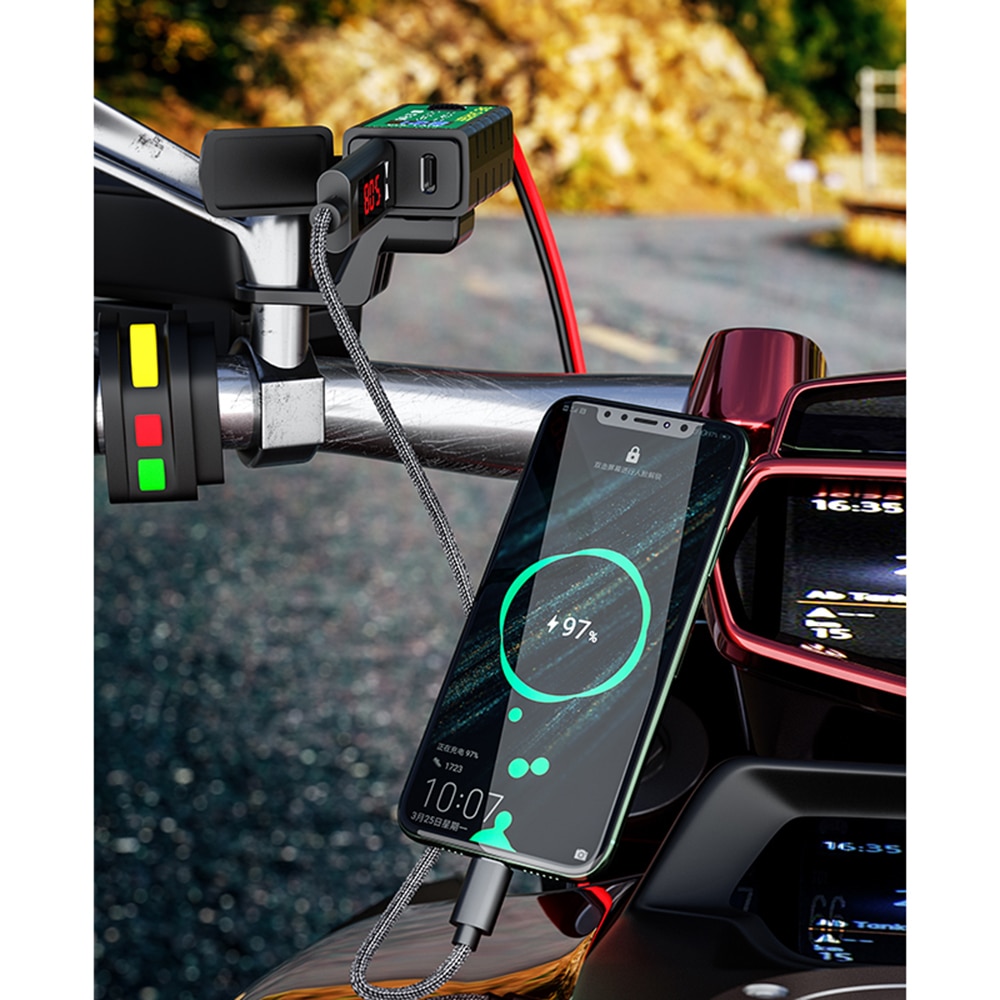 Vattentät motorcykelhandtag dubbel usb typ-c laddare skoter strömförsörjning uttag med voltmeter  qc3.0 snabbladdare