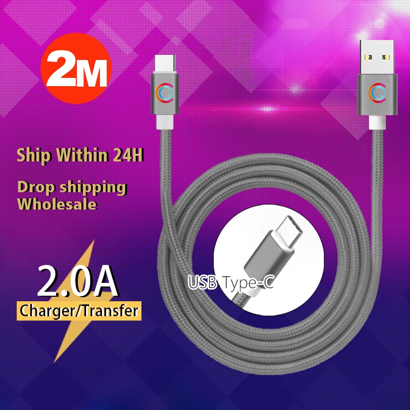 5V/2A 2M type-c Nylon armure USB câble de charge rapide chargeur câble pour Samsung Xiaomi couleur unie téléphone chargeur câble fil