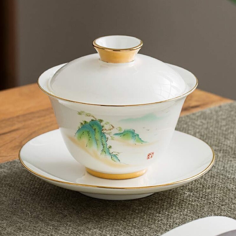160ml teskål jade vit keramik terrin porslin teservis kopp med fat lock kit handgjorda berg rådjur gaiwan drinkware