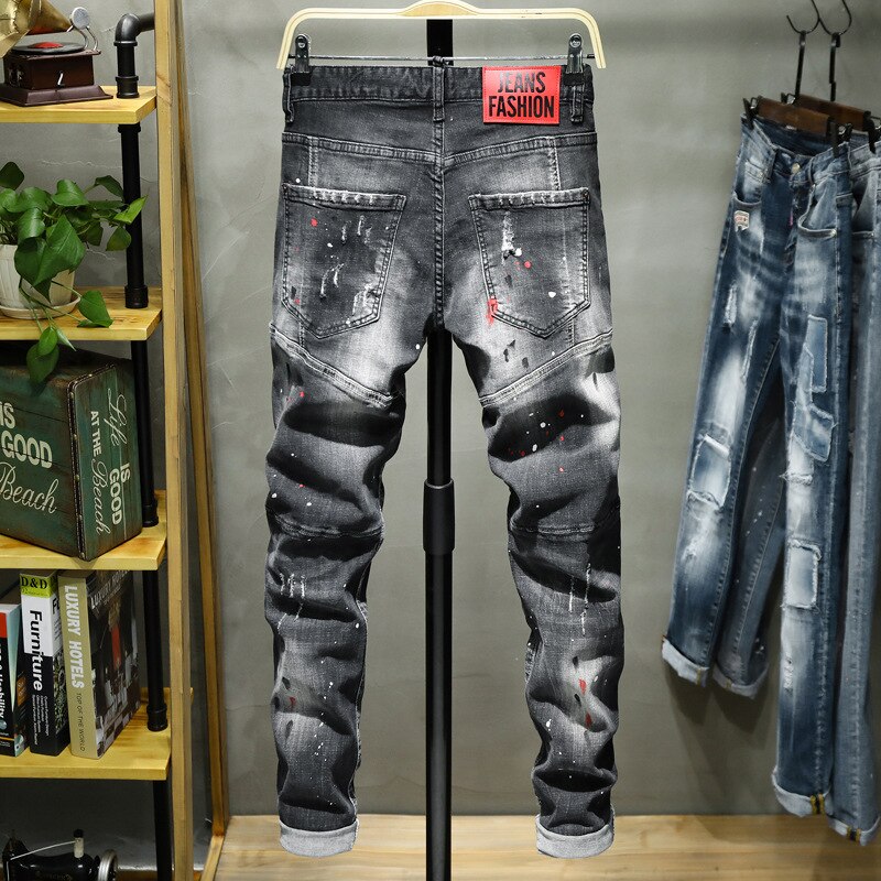 Jean homme trou d'éclaboussure Point de peinture doux coton souple élastique en cuir étiquette noir gris pantalon Slim rouge
