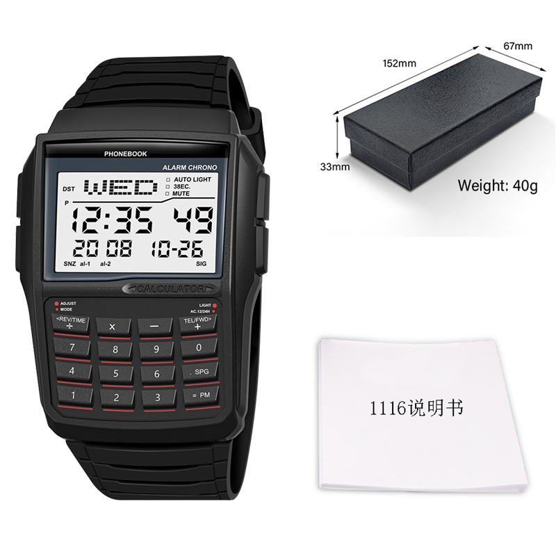 Reloj con calculadora multifunción, reloj electrónico LED, deportivo Digital, resistente al agua, estilo de ordenador, de lujo superior para hombre: Negro