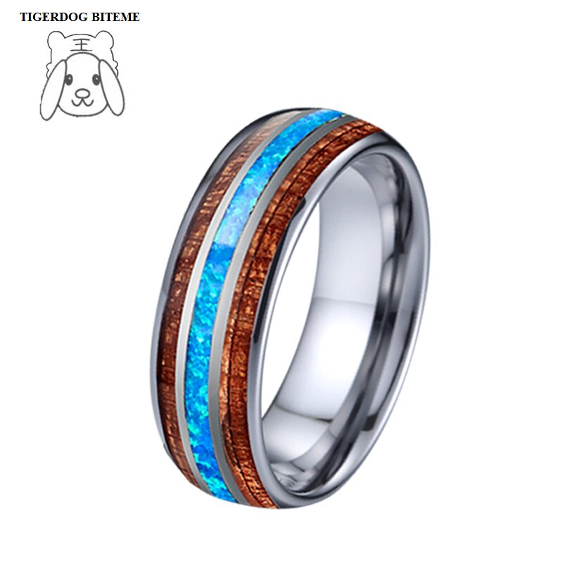 Liefdesallianties blauwe opaal wolfraamcarbide sieraden usa stijl 8mm carbide koa hout paar trouwringen voor mannen en vrouwen