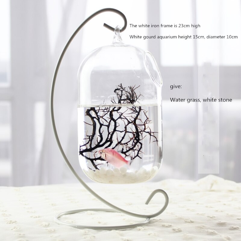 Hanging Mini Fish Tank Black Rack Glass Goldfish Tank Aquarium Household Bucket Fish Tank With Sand Conch Shell Plants