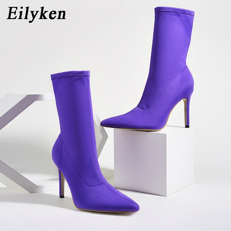 Eilyken hiver Stretch tissu bout pointu femmes bottines chaussures talons hauts femme bottes parti chaussures femmes