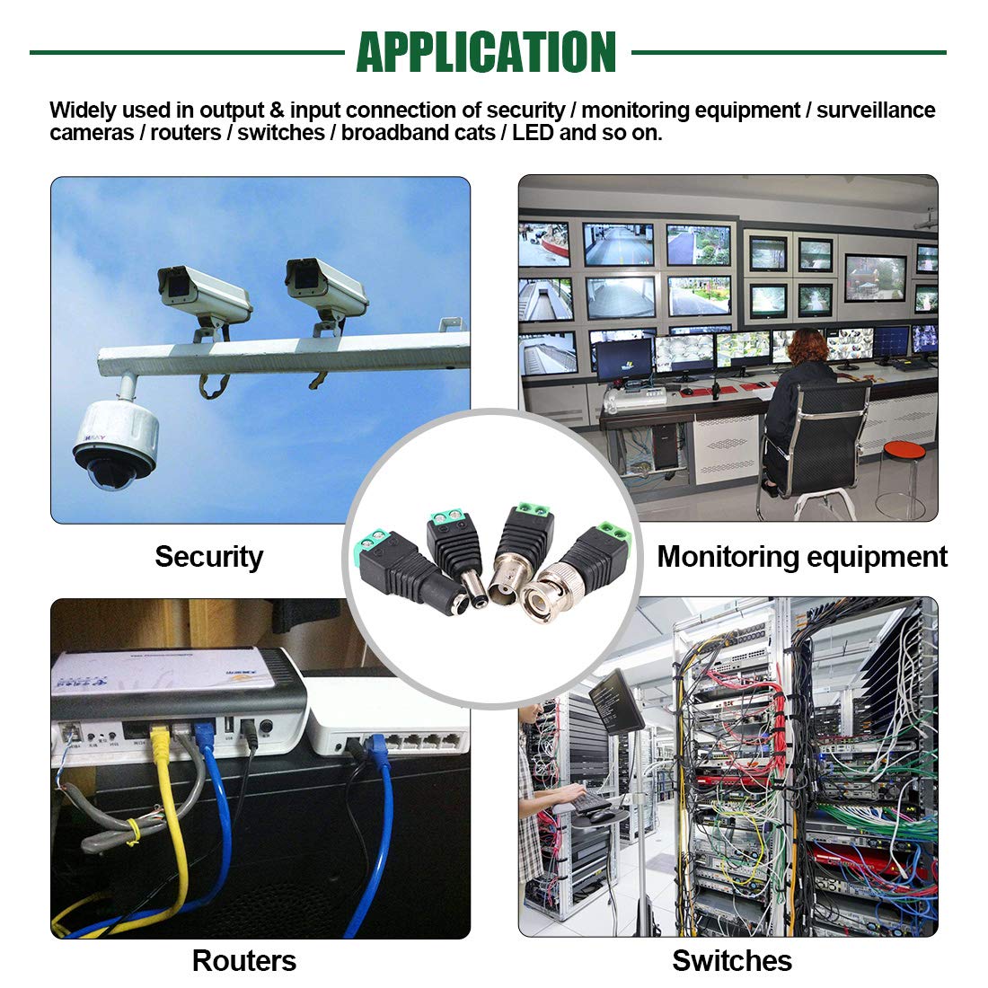 DC Power Connector Male & Female and BNC Male & Female Video Balun Connector Kit for CCTV Security Camera LED Strips Terminal