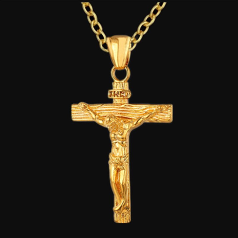 crucifijo Cristo Jesús collar de hombre joyería de oro de acero inoxidable de Color cadena alrededor del cuello cruzado colgante collares para hombre: gold chain 2