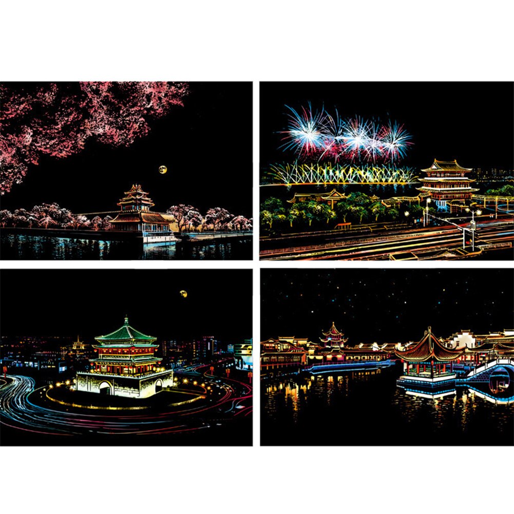 1Set 4pcs Scraping Painting Diy Scratch Art Paper Painting Paper Scraping Suit Children Hand Painted Tabletop Ornament Souvenir: C