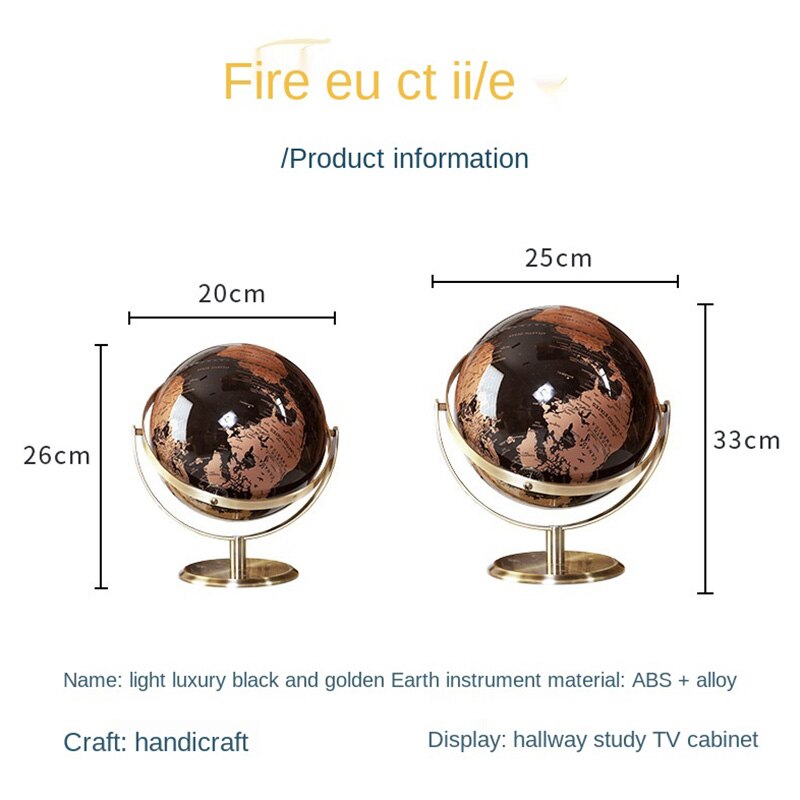 Black Gold Rotating Globe 20cm/23cm English Home Office Decoration European Style Light Luxury Crafts Ornament Globe