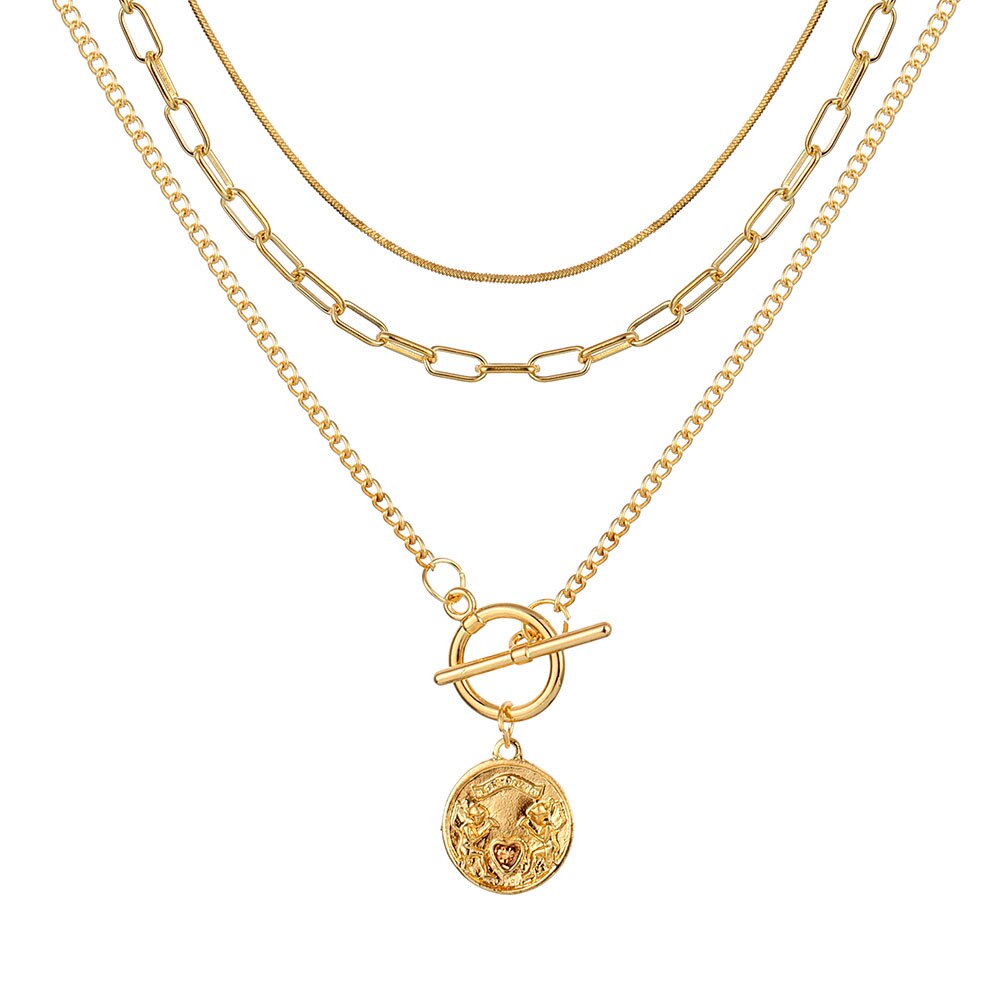 Charm Thick Chain Toggle Clasp Coin Pendant Necklace for Women Gold Multilayer Pearl Circle Choker Necklace Jewelry: IF2690262