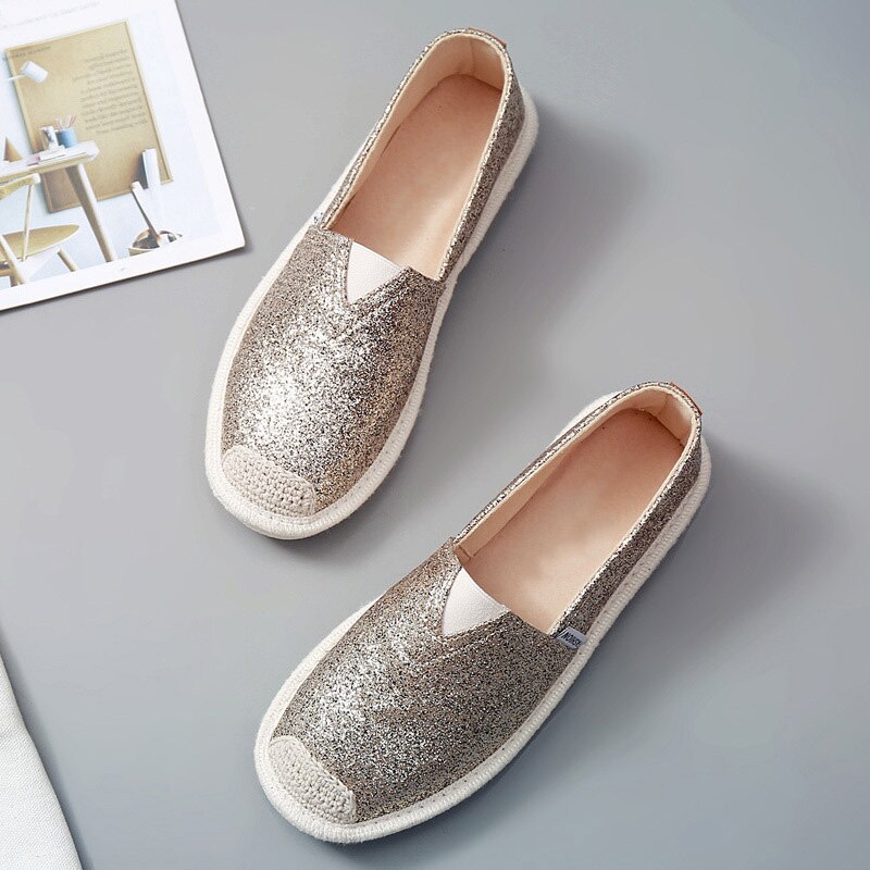 Zapatos planos informales para mujer, mocasines de pescador ostentosos, dorados y plateados, ligeros y poco profundos, zapatillas para niñas: gold / 9