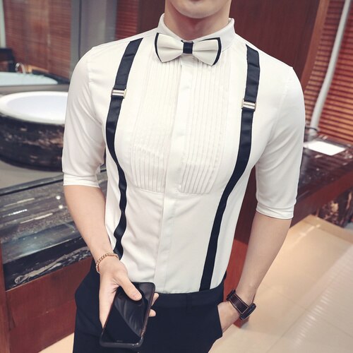 Odzież męska butikowa z czystej bawełny z kołnierzykiem z klapami, casualowa, biznesowa, męska, klubowa, dopasowana, półrękawowa, wizytowa , 5xl: Biały / Azja  m 52-57kg