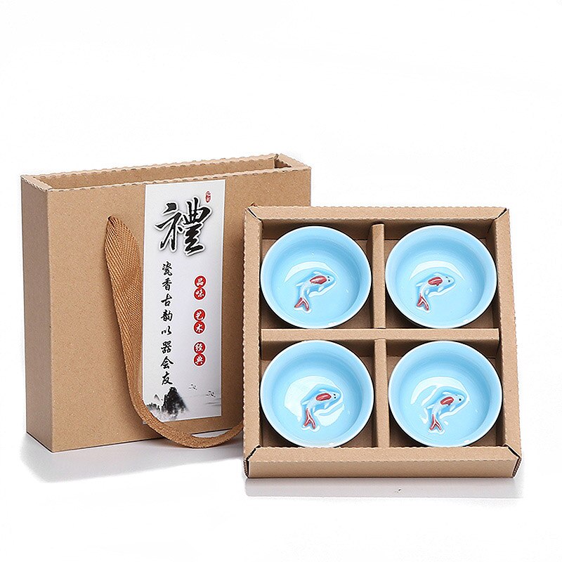 Exquisite 4pcs Ceramic 3D gold fish Cup,China tea cup set,Travel Tea Bowl Kung Fu Tea Set Chinese Teacup Sets Drinkware