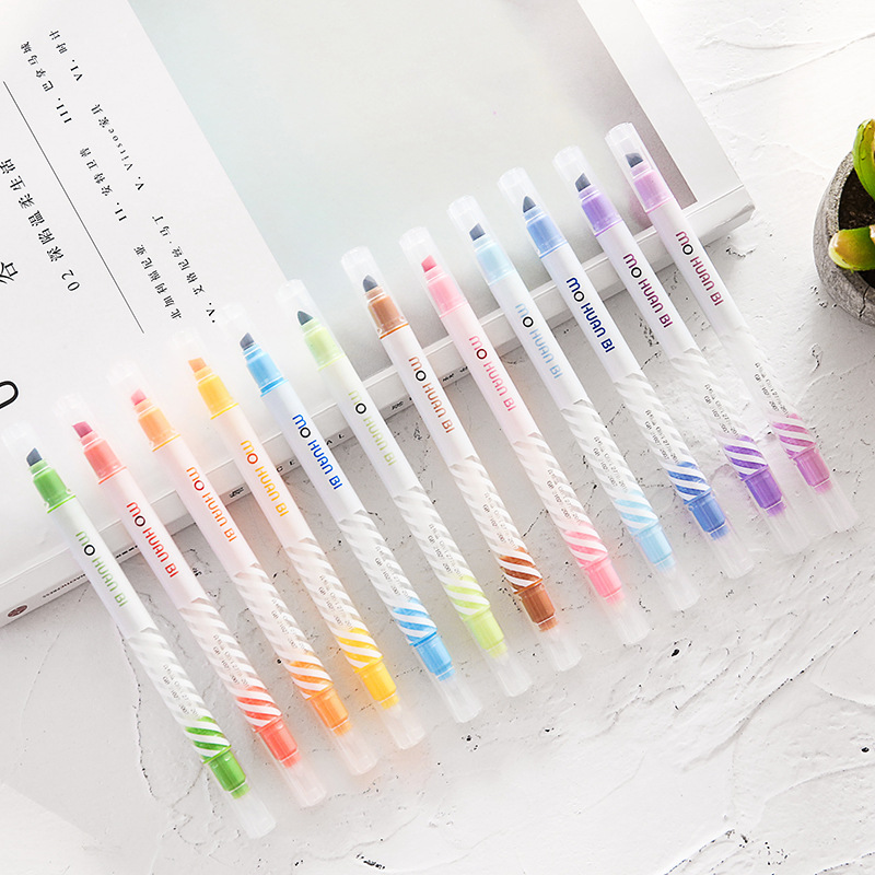 12 Colors/set Color change Highlighter Cute Double Headed Painting Drawing Marker Pen Stationery school supplies