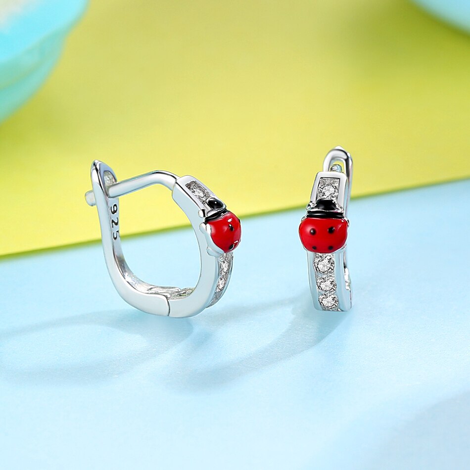Belawang 925 sterling silver ring örhänge barn flicka barn örhängen emalj nyckelpiga kärlek hjärta glänsande smycken brincos kolczyki