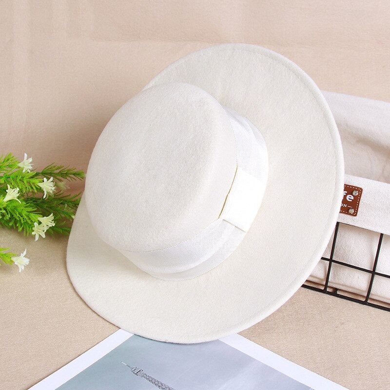 White Top Hat Female High-end Wool Felt British Wool Top Hat Flat Top Flat Edge Top Hat