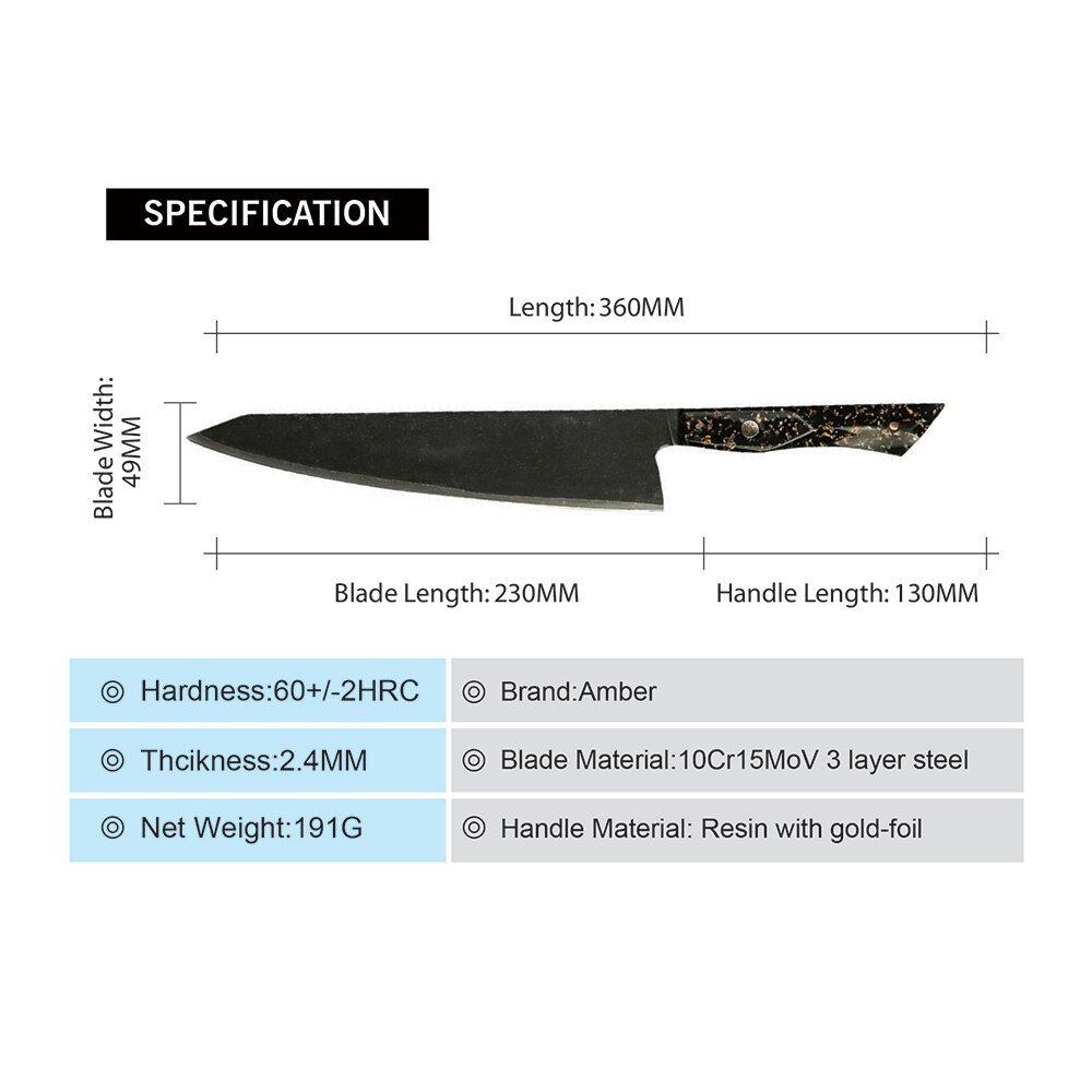 AMBER Kitchen Knife 10Cr18Mov 3 Layers Cladding Steel Chef Knife Gold-Foil Resin Handle Chinese Cleaver Knives Cooking: DMS-265B Kiritsuke