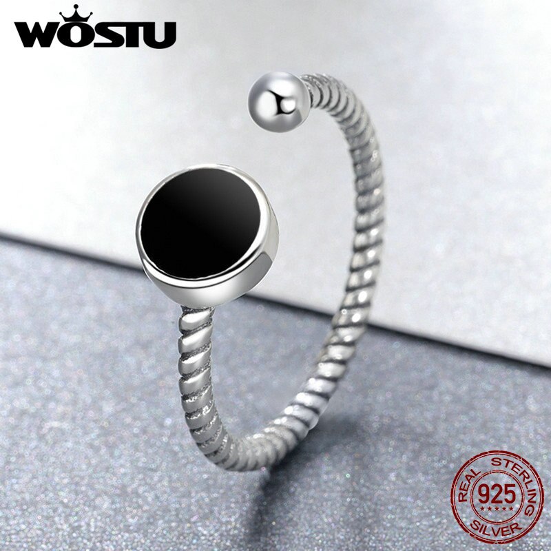 WOSTU 100% 925 Sterling Silver Cool Black Round Open Rings For Women Man Adjustable Ring Christmas Fine Jewelry brincos CSR157