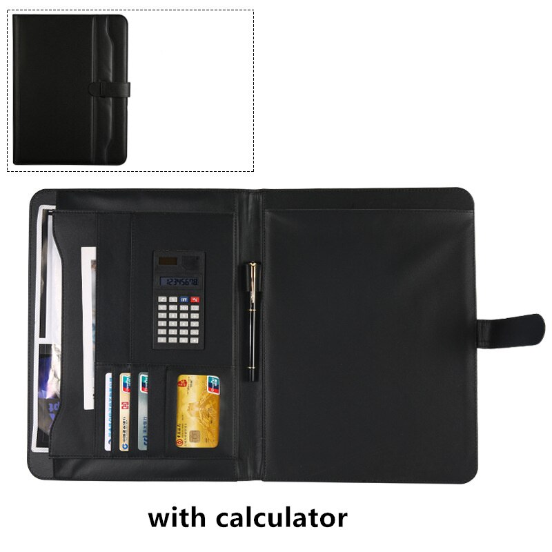 A4 File Organizer Portfolio Folder Document Bags PU Leather Notepad Multi-function Card Holder Pen File Clip Calculator Memo: black-C