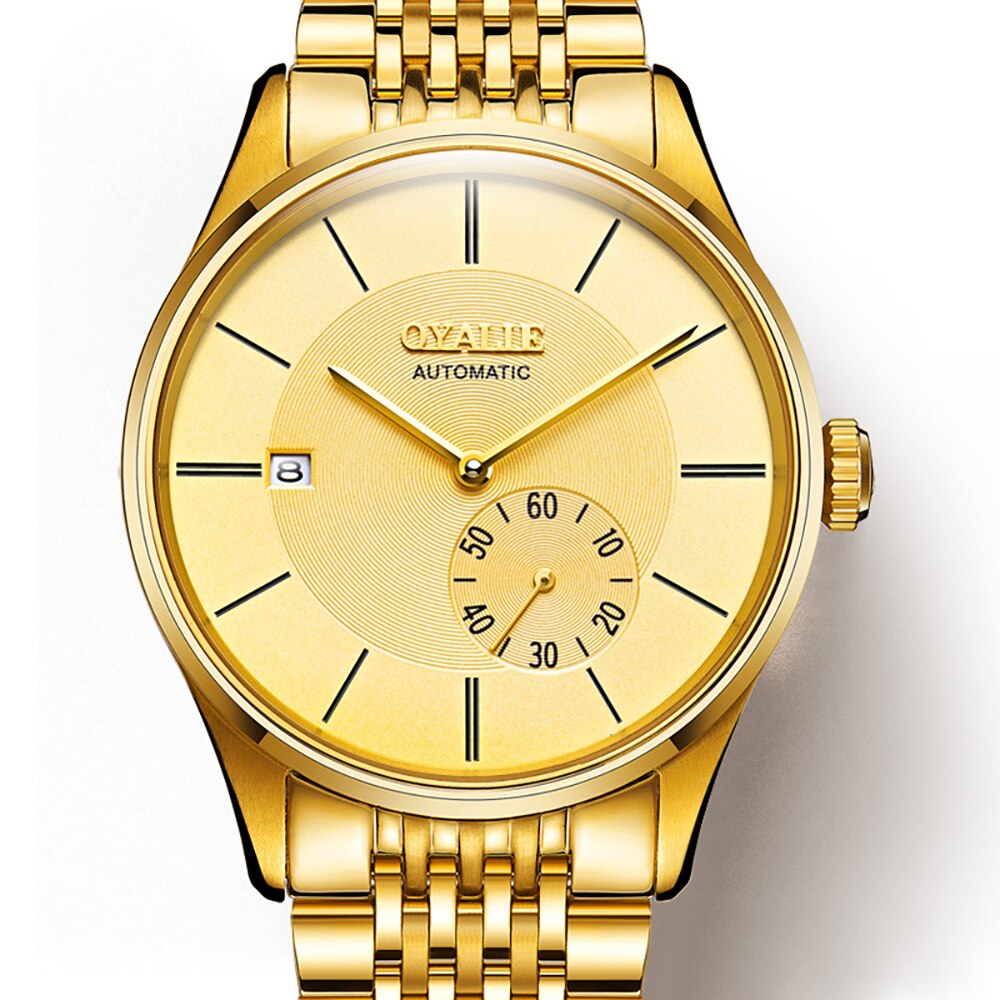 Luxus Herren Skelett Automatische Mechanische Uhr Männer Lederband 30M Wasserdicht Männlichen Armbanduhren: Gold