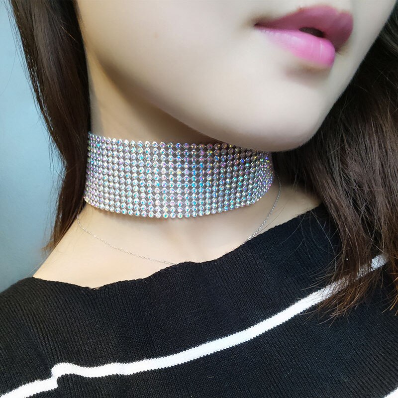 Shining Rhinestone Diamante Choker Ketting voor Vrouwen Breed Chocker Kraag Bijoux Sieraden Meisjes Kerstcadeau XR214
