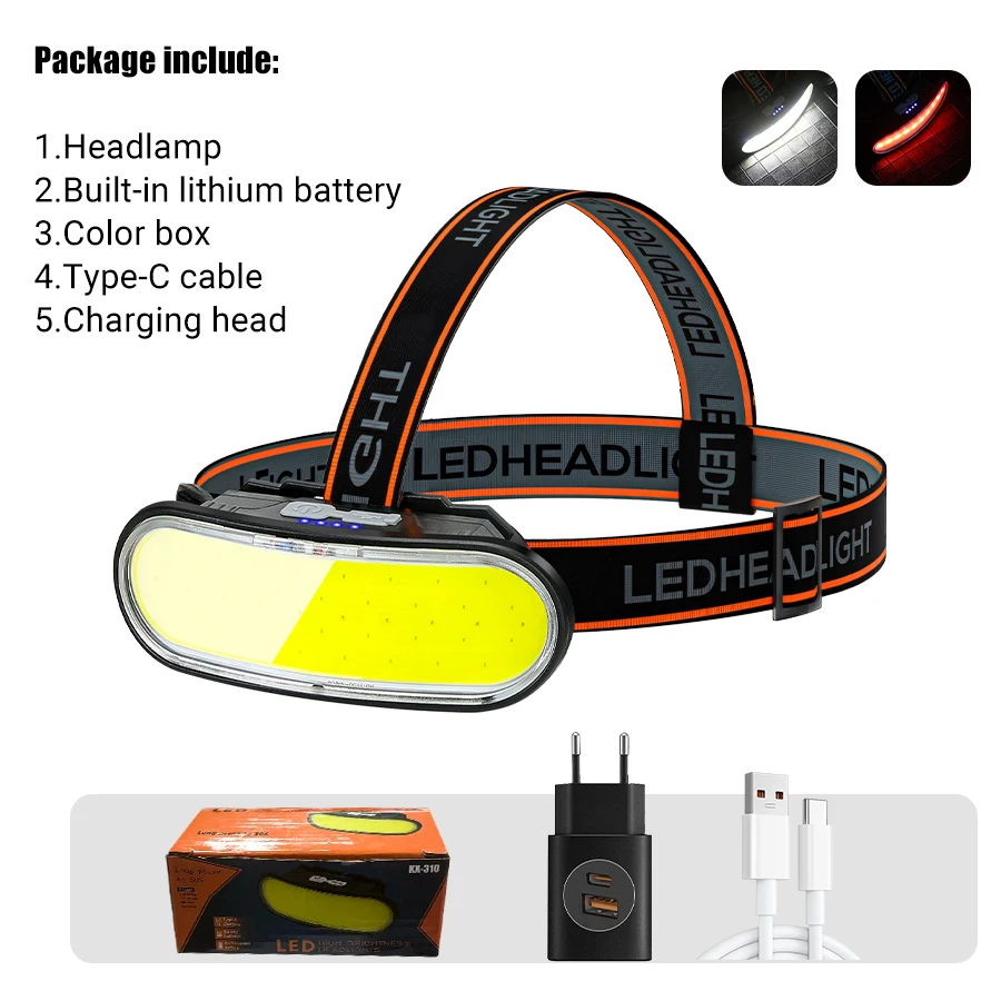 Kx -310 cob+led pandelampe projektør usb genopladelig hovedlommelygte indbygget batteri 1200 mah forlygte led til fiskeri camping: Blå