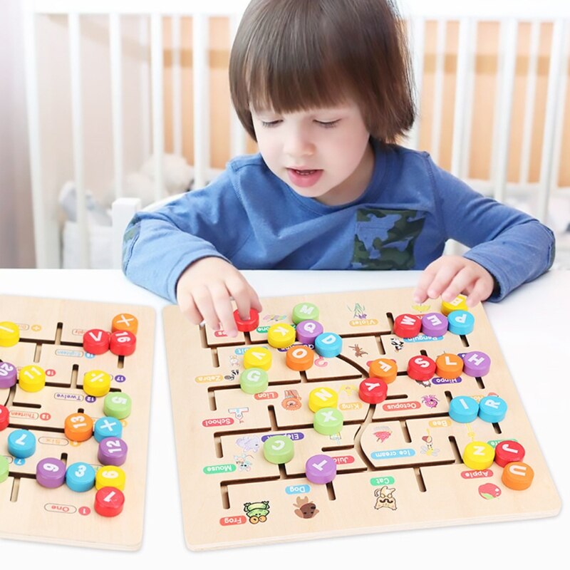 Wooden Number Alphabet English Matching Track Maze Game Kids Education Toys XX9E