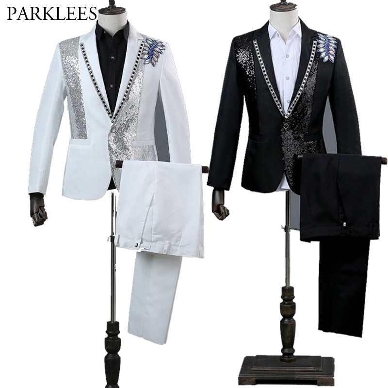 Hommes Double face 3D cristal broderie fleur hommes Costume ensemble scène chanteur discothèque Costume veste hommes Costume pour mariage Costume Homme