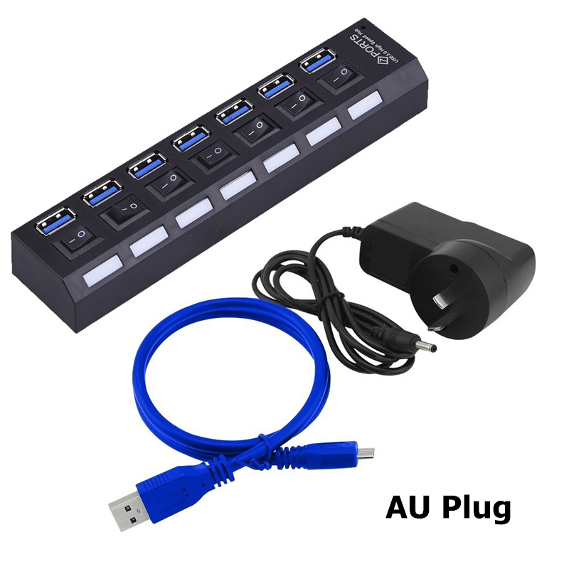 USB 3.0 HUB 4 Port USB HUB USB Splitter Power Adapter with Individual Power Switches for Computer Laptop Accessories HUB USB 3.0: Black and AU Adapter