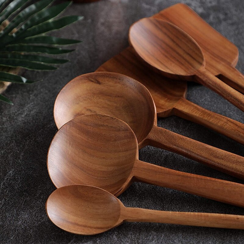 -7Pcs Long Handle Wooden Cooking Utensil Set Non-Stick Pan Kitchen Tool Wooden Cooking Spoons and Spatulas