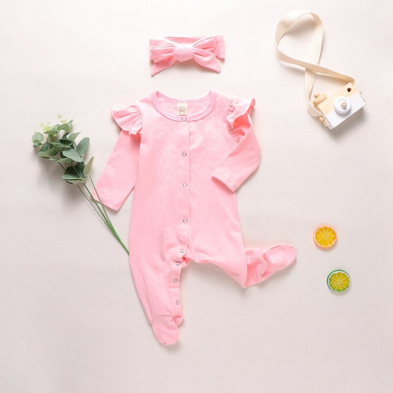 Newborn Baby Long Sleeve Rompers Footies Jumpsuit Infant Kids Homesuit Girls Boys Clothes Suit with Headwear: P / 60