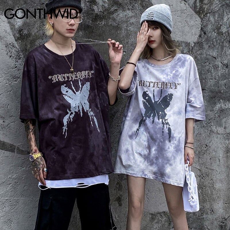 GONTHWID-camisetas con estampado de mariposa desgastado para hombre, ropa de calle Harajuku, Hip-Hop, informal, de algodón, manga corta
