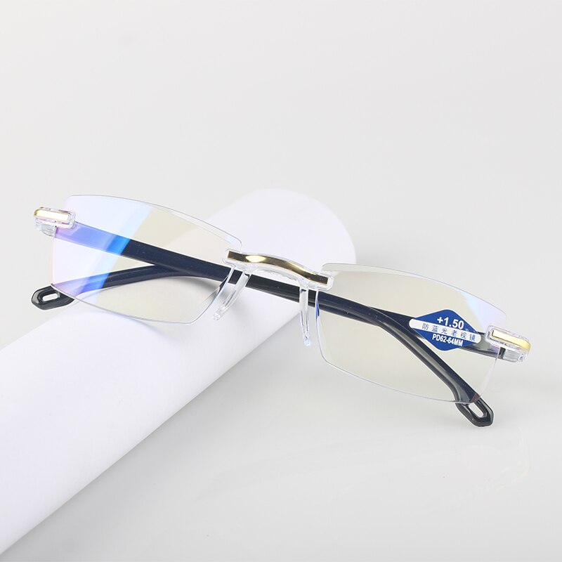 Gafas de lectura sin montura gafas de protección contra luz azul los hombres y las mujeres cuadrado sin marco lentes Retro claros miopía gafas de lectura para las mujeres: +100