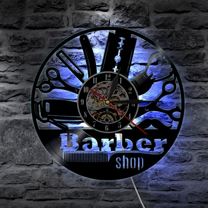 Reloj de pared con disco de vinilo para peluquería, dispositivo LED 3D de moderno para decoración del hogar, barbería y salón de belleza