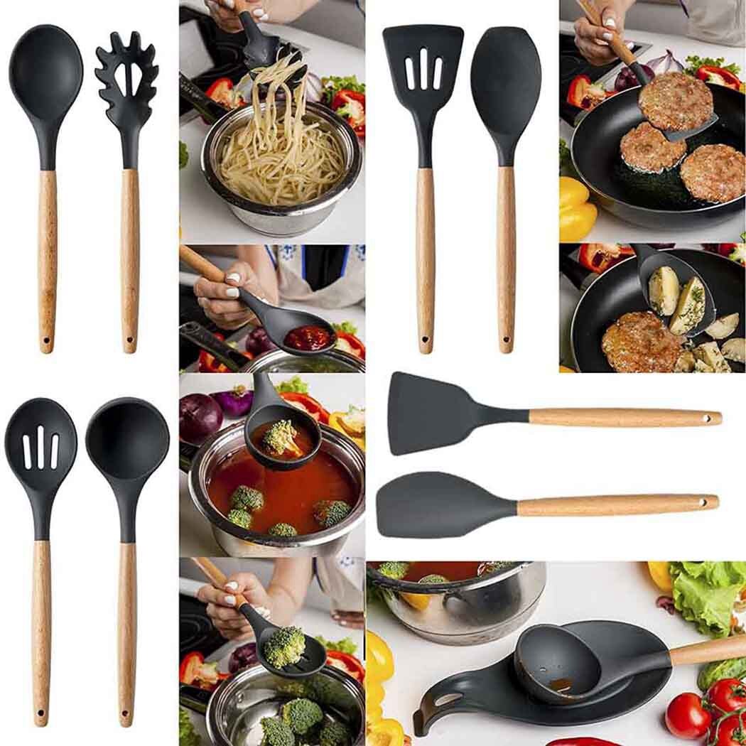 Eco-Friendly Cooking Utensil Wooden Handle Kitchenware Non-Stick Silicone Cookware Heat Resistant Kitchen Utensil Cooking Tools