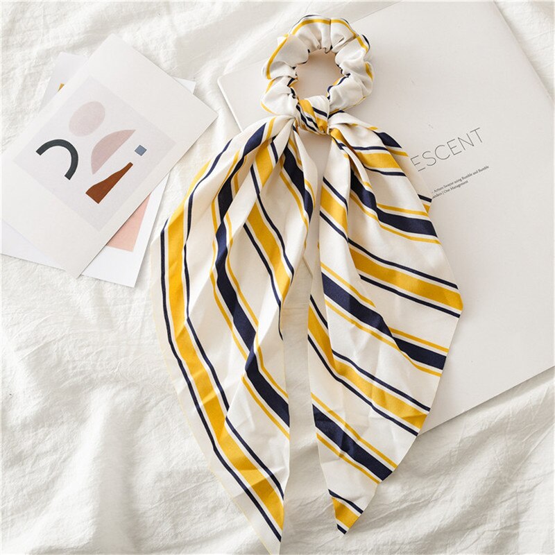 Coleta para mujer, pañuelo elástico largo, lazos para el pelo, cintas para el pelo, cinta para el pelo con estampado de rayas: 9