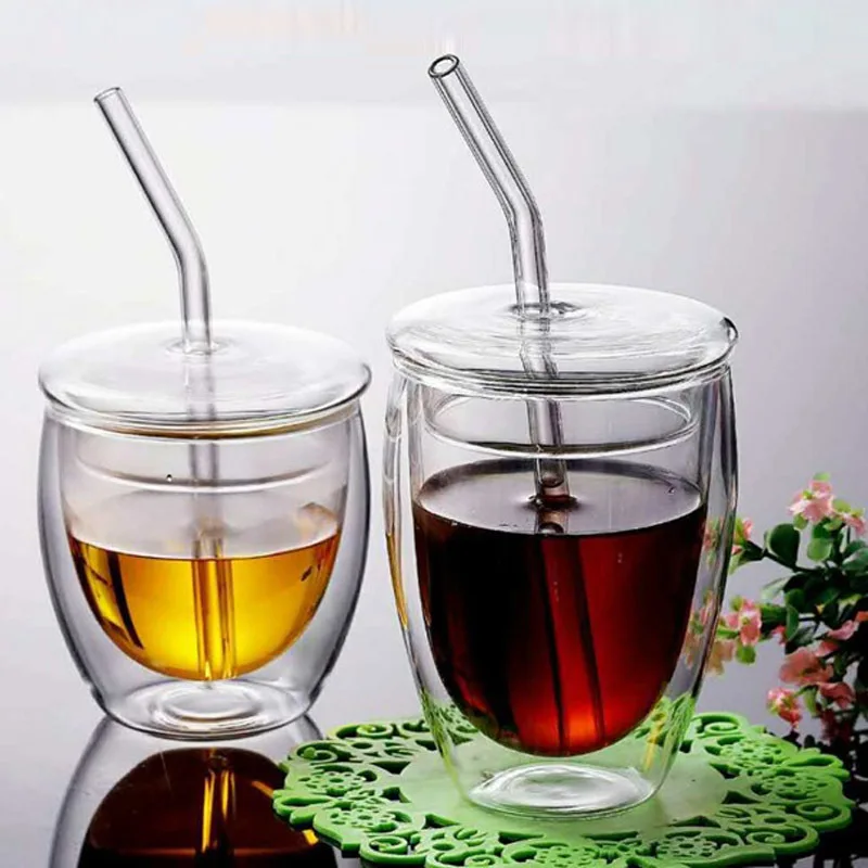 450ml Double-layer Glass Insulated Dessert Coffee Mug with Lid Straw Milk Jug Transparent Sealed Cup Drinkware