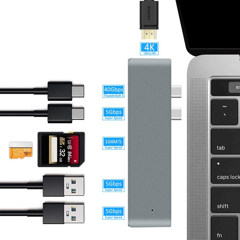 Dubbel typ-c usb c macbook pro dockningsstationer för bärbar dator till hdmi tf sd kortläsare hub dockningsstation 4k stöder mac air